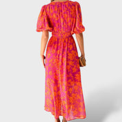 Robe midi florale avec manches bouffantes et décolleté en V