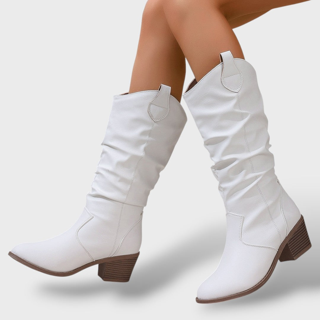 Bottes Hautes en Cuir Style Western pour Femme – Design Plissé avec Talon Épais