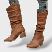 Bottes Hautes en Cuir Style Western pour Femme – Design Plissé avec Talon Épais