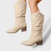 Bottes Hautes en Cuir Style Western pour Femme – Design Plissé avec Talon Épais