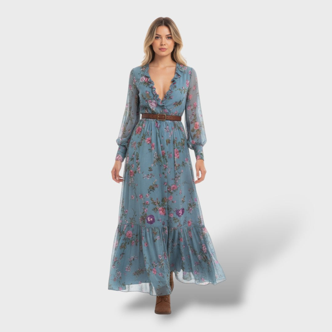 Robe boho longue à fleurs à manches longues