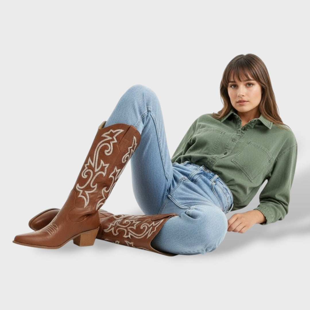 Bottes Cowboy Femmes Hautes Brodées – Talon Épais