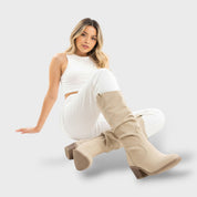 Bottes Hautes en Cuir Style Western pour Femme – Design Plissé avec Talon Épais