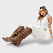 Bottes Hautes en Cuir Style Western pour Femme – Design Plissé avec Talon Épais