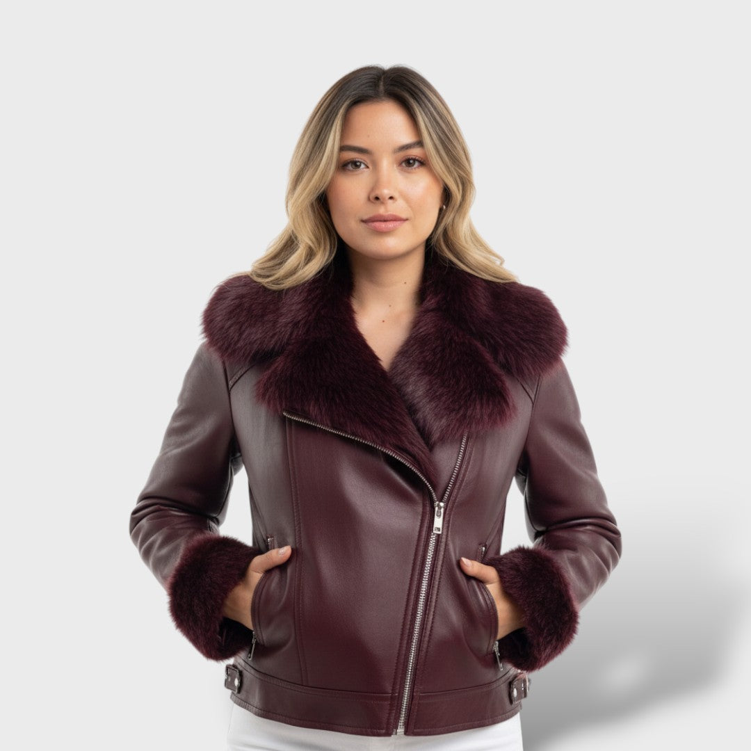 Veste en Cuir Vintage Col en Peluche