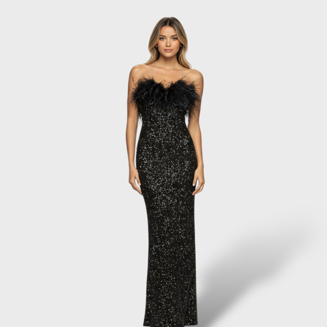 Robe maxi paillettes plumes femme