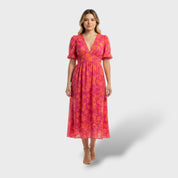 Robe midi florale avec manches bouffantes et décolleté en V
