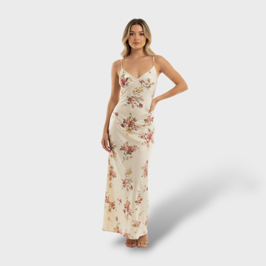 Robe Fleurie Ajustée Sans Manches et Dos Dégagé
