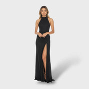 Robe Longue Élégante avec Col Haut et Fente Latérale