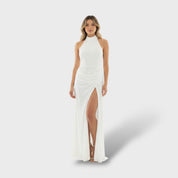 Robe Longue Élégante avec Col Haut et Fente Latérale