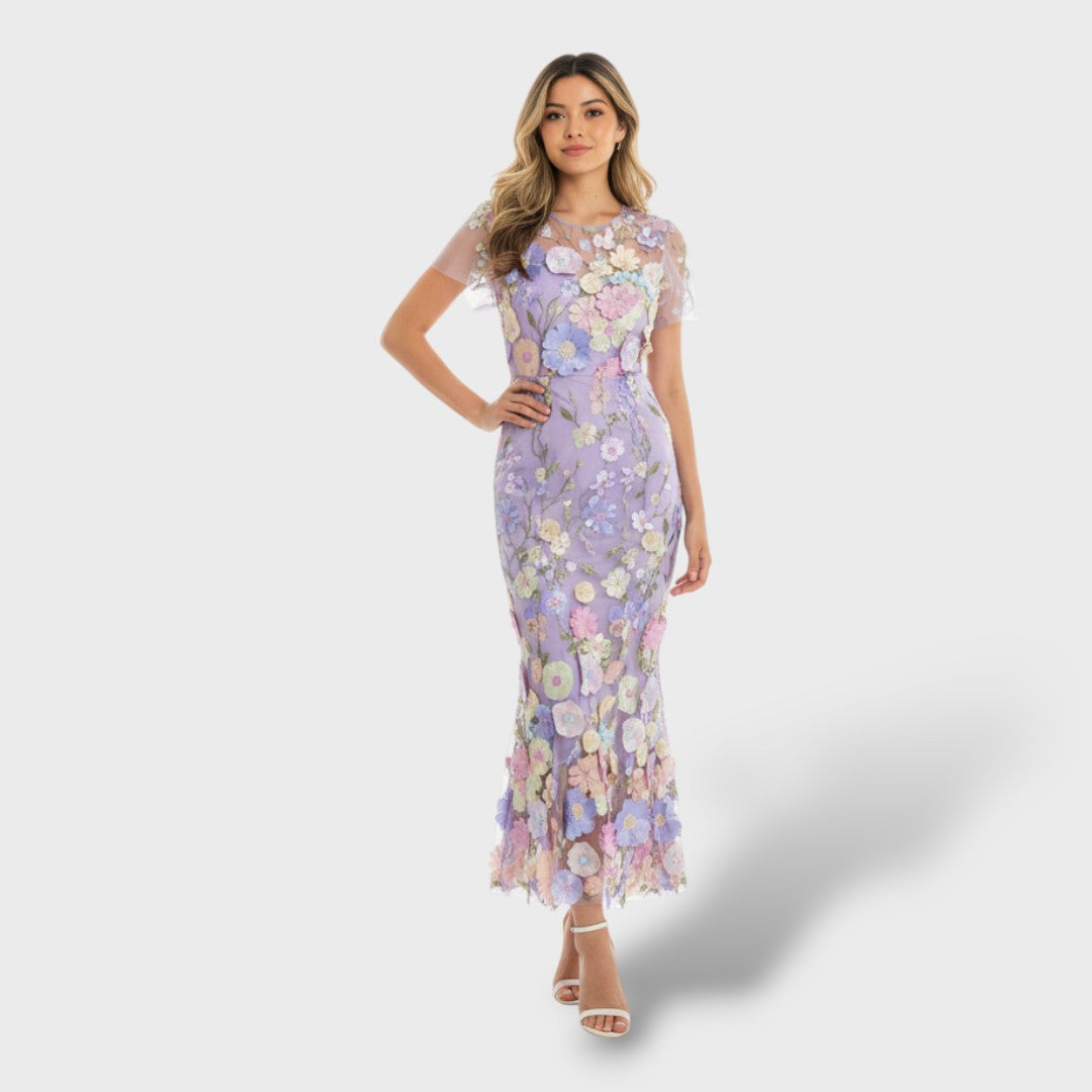 Robe Longue en Dentelle avec Broderie Florale