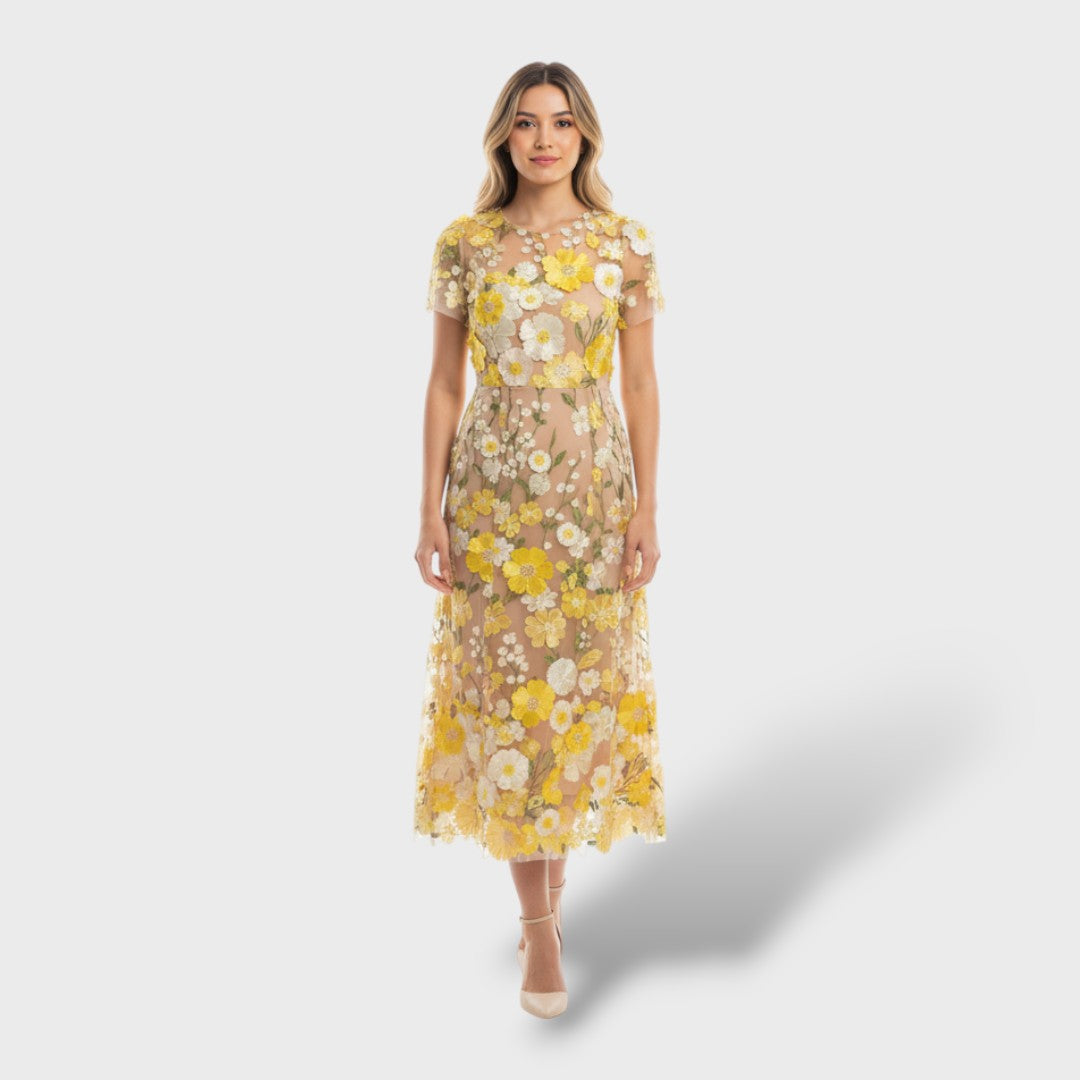 Robe Longue en Dentelle avec Broderie Florale