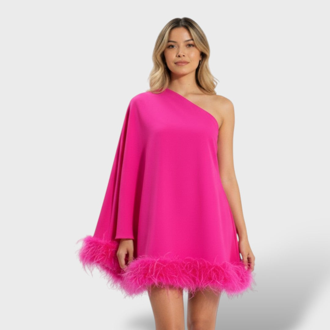 Robe mini asymétrique avec plumes