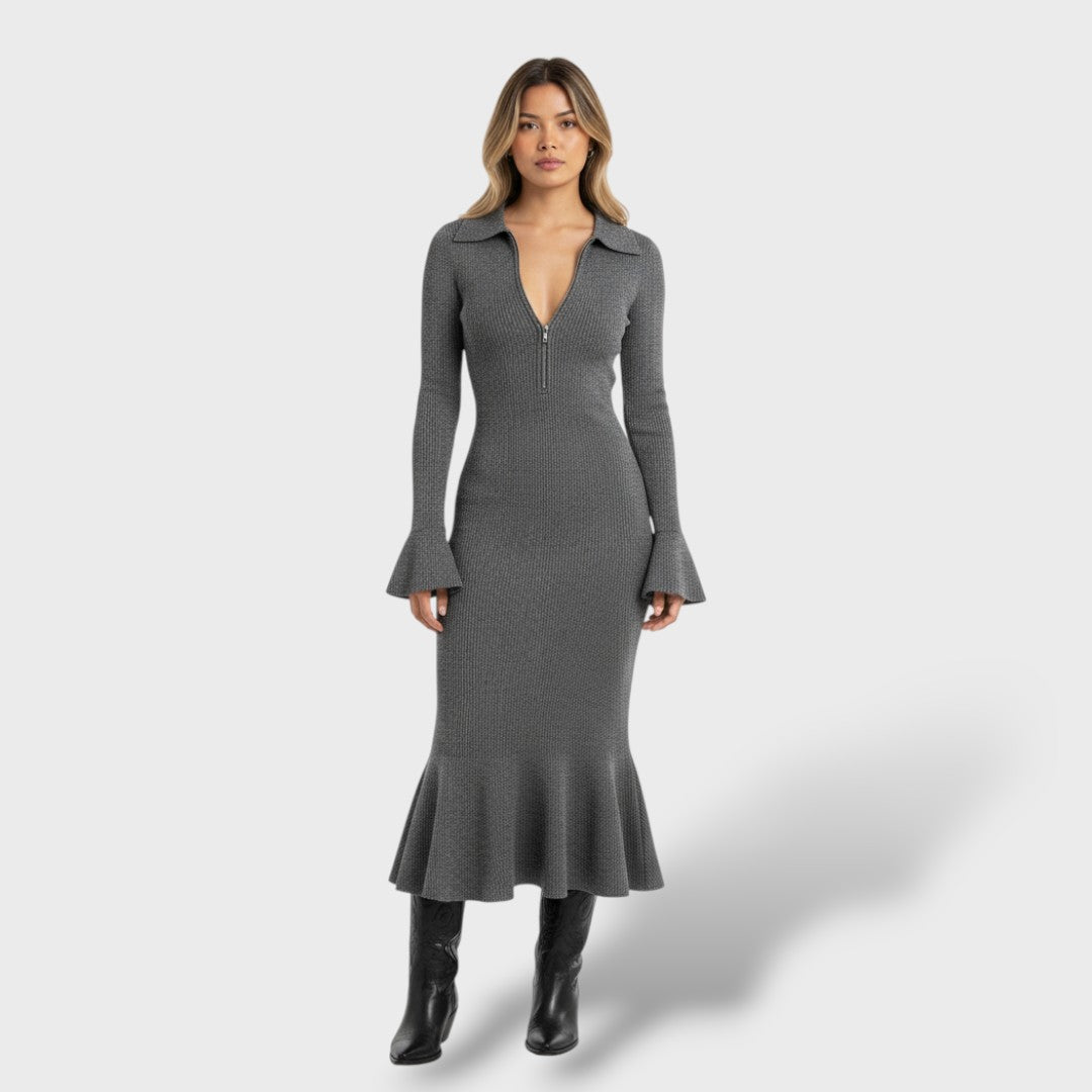 Robe Midi en Tricot avec Col Zippé