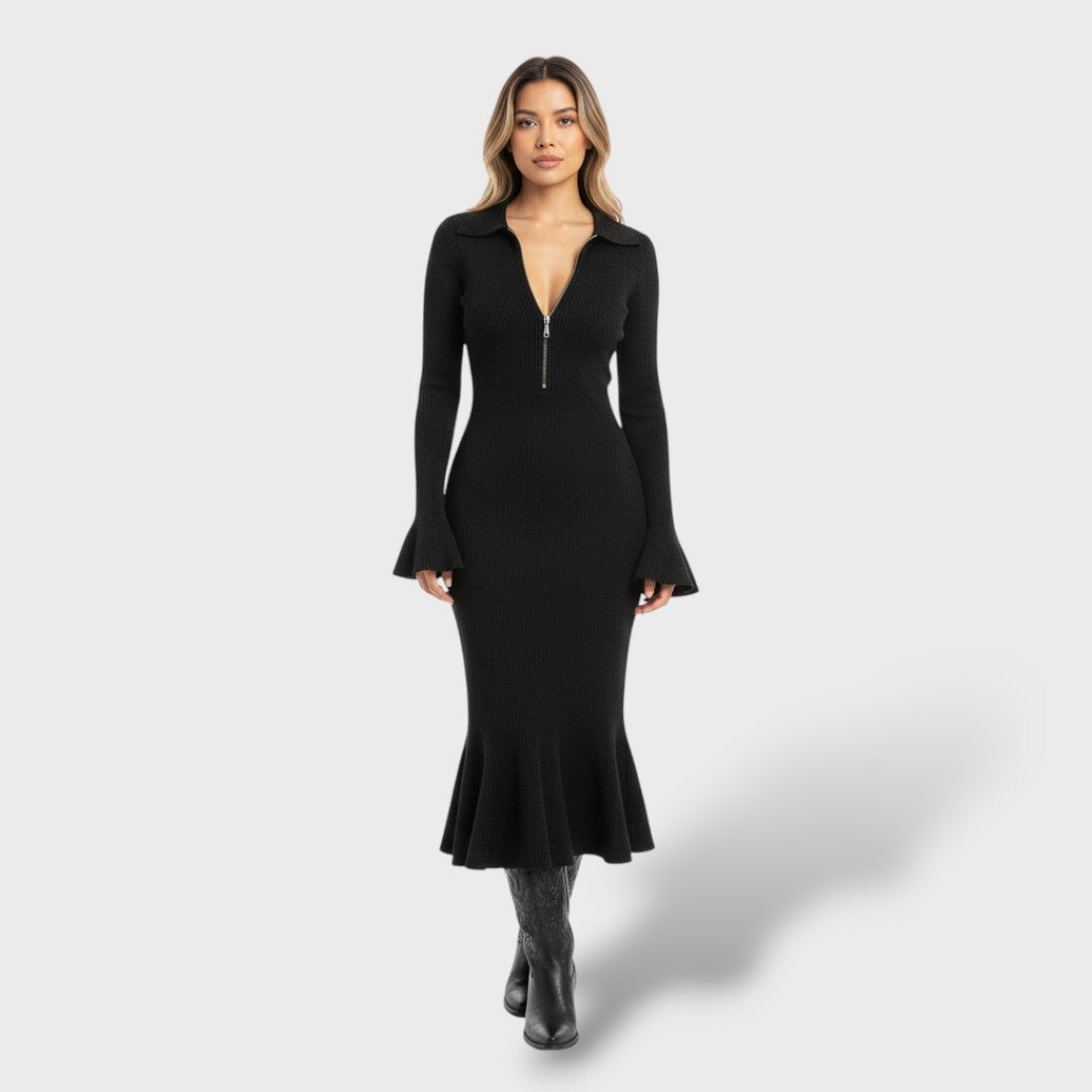 Robe Midi en Tricot avec Col Zippé