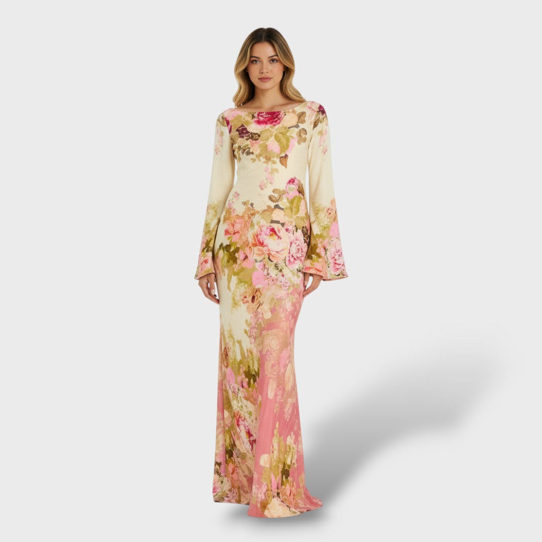 Robe Longue Fleurie à Manches Évasées