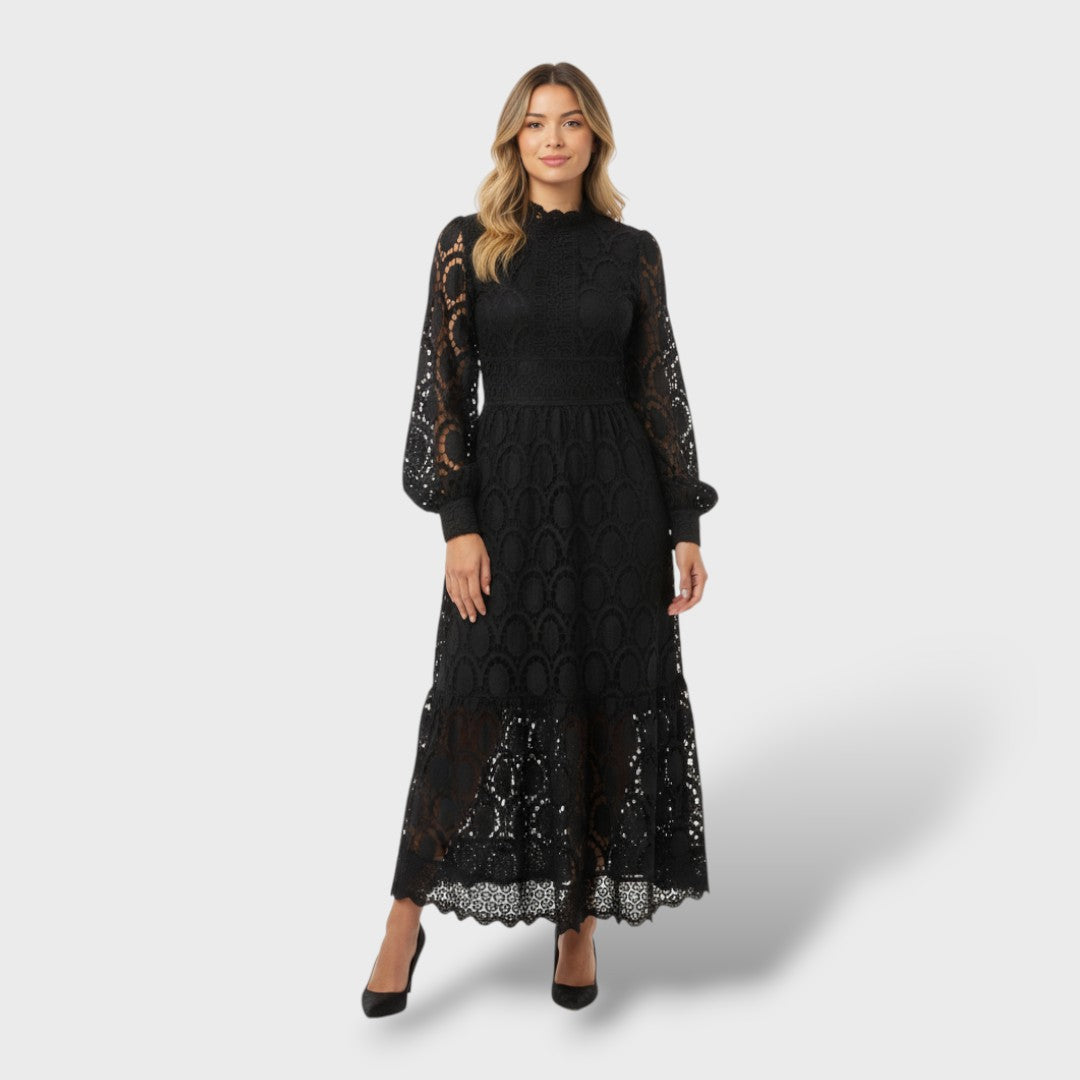 Robe en Dentelle avec Manches Bouffantes et Col Haut