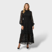 Robe en Dentelle avec Manches Bouffantes et Col Haut