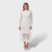 Robe en Dentelle avec Manches Bouffantes et Col Haut