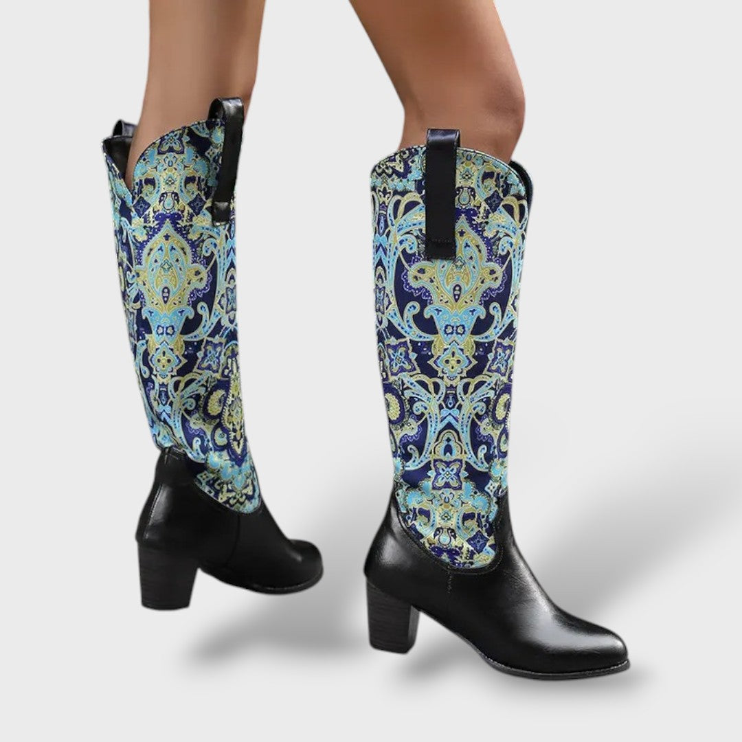 Bottes Femmes Hautes Florales avec Talon Carré