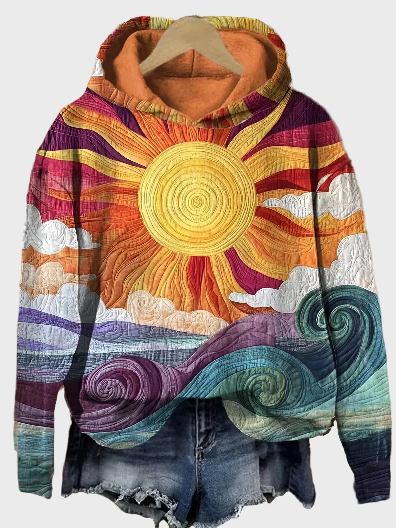 Hoodie Rétro avec Design Rayons de Soleil
