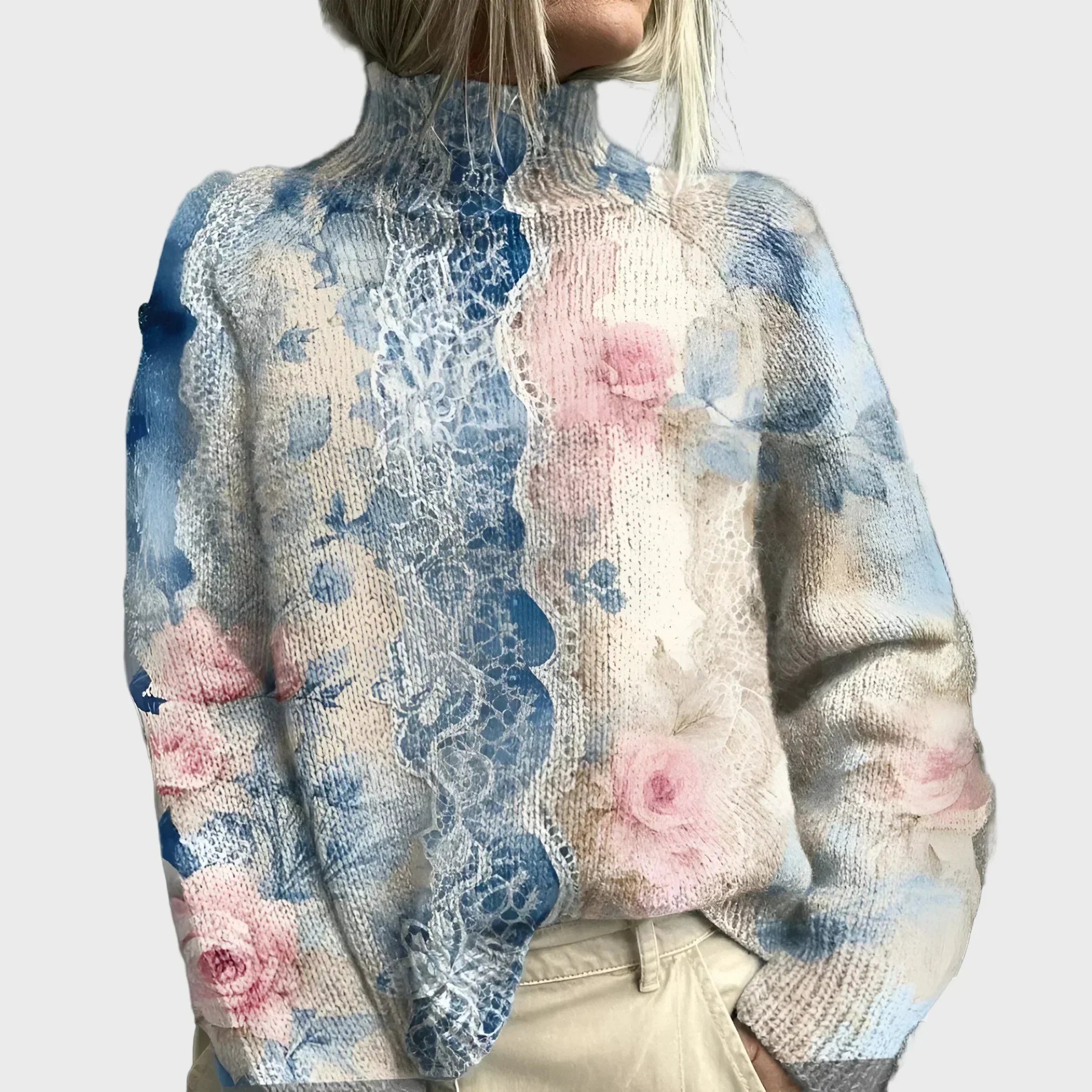 Col Roulé Tricoté avec Design Floral Élégant